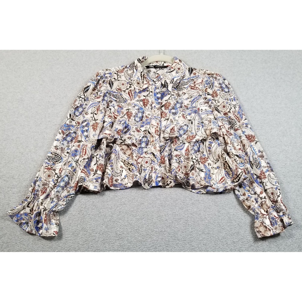 Zara Blouse Women M Medium Floral Paisley Sheer Crop Long Sleeve Button Up Shirt
